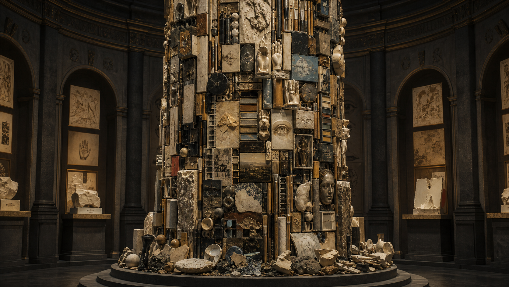 A dense museum archive of art history fragments assembled into a monument